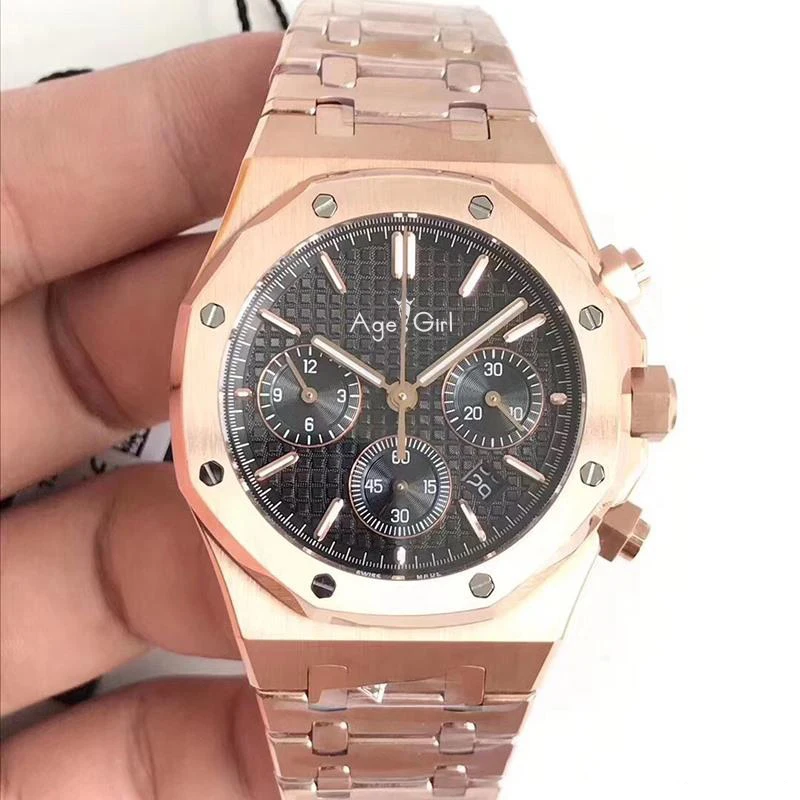 

Luxury Brand New Men Silver Watch Chronograph Sapphire Stainless Steel Rose Gold Oaks Luminous Black Blue Royal Watches AAA+