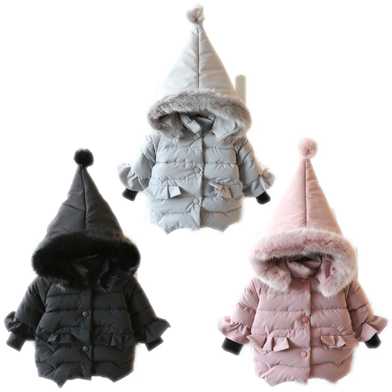 

19SS Wadded Jacket Girl Padded Overcoat Fantastic Thick Furry Collar Woolly Hat with Pompoms Fluffy Coats Kids Cute Fashion