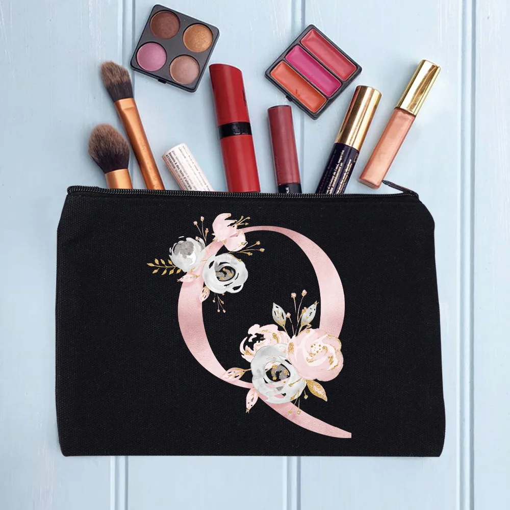 Women's Cosmetic Makeup Bags Female Organizer Pink Flower 26 Letters School Pencil Cases Carrying Bag for Coin Purse