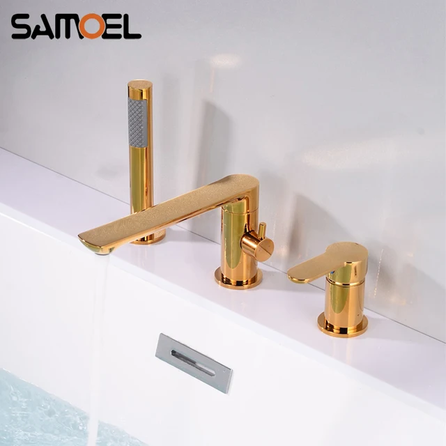 Luxury Brass Gold Deck-ติดตั้ง 3 หลุมห้องน้ำอ่างอาบน้ำหมุนก๊อกน้ำก๊อกน้ำอ่างอาบน้ำอ่างล้างหน้าน้ำด้วยสเปรย์BF1034 1
