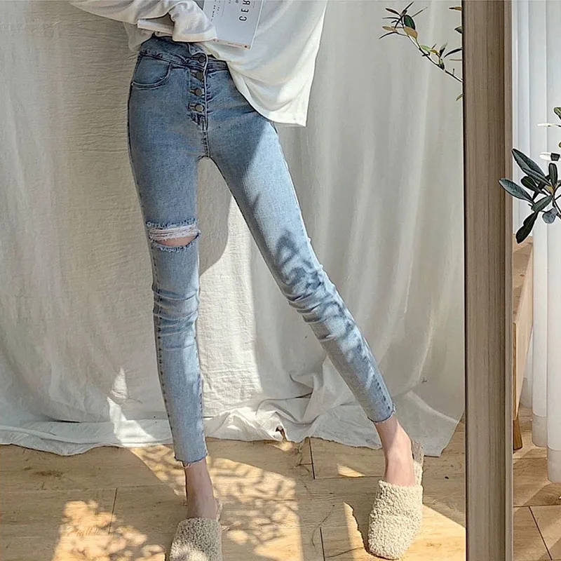 

Harajuku Ripped Jeans For Women High Waist Skinny Pencil Pants Denim Trousers Streetwear Female Elastic Vintage Jeans Plus Size