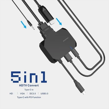 

5-Port 5IN1 Type-C to HDTV+USB3.0+VGA+PD+Audio Adapter Multi-Function Docking Station HUB Converter 4K for Macbook HDTV