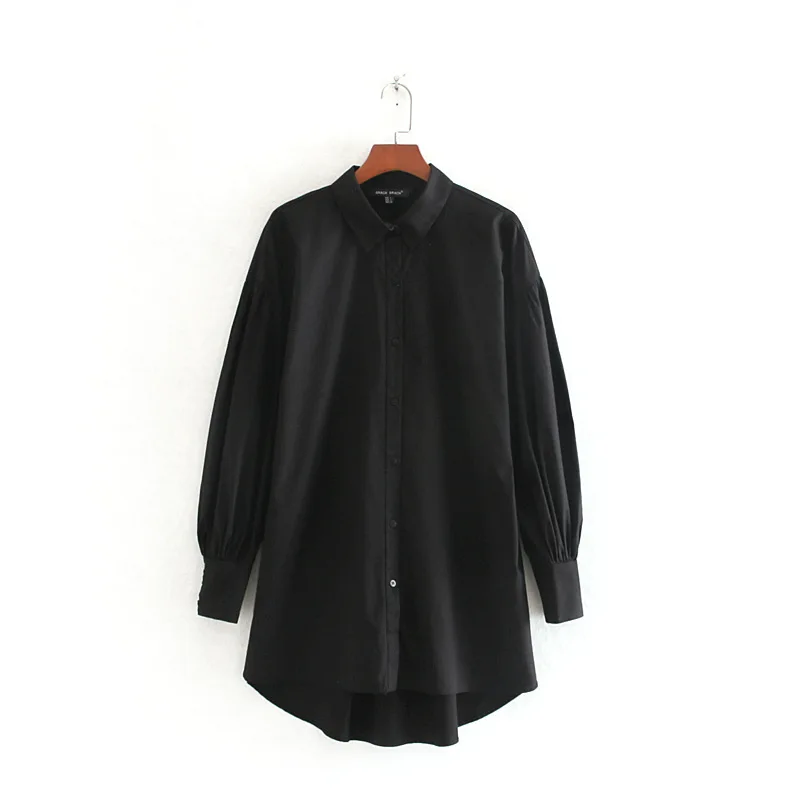 ZA осень Новая женская Повседневная Свободная длинная рубашка блузка черный отложной воротник CW9438