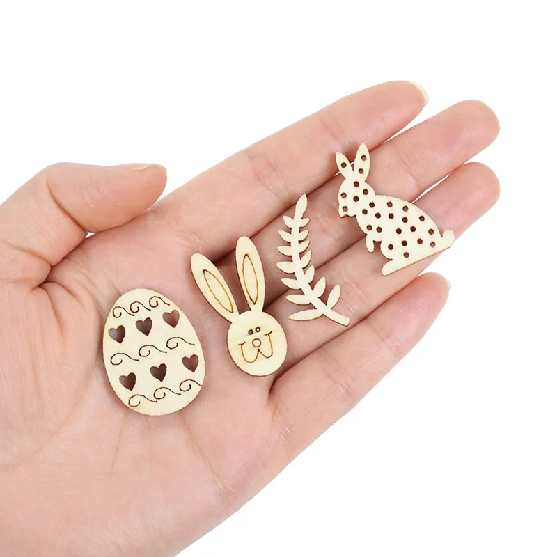 50/100pcs Happy Easter Rabbit Eggs Wooden Craft Easter Decorations Home Party DIY Wood Chips Hanging Ornaments Natural Handcraft