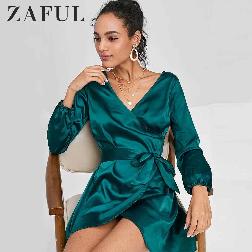 

ZAFUL Long Sleeve Wrap Mini Satin Dress Plunging Neck Solid A-Line Women Sexy Cocktail Party Dresses Fall Bodycon Dress Femme