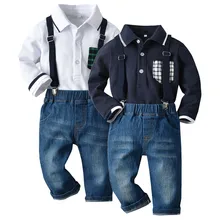 Комплекты одежды джентльмена для детей, клетчатая футболка, Топы, джинсовые штаны на подтяжках, костюм, осенний комплект одежды с длинными рукавами для маленьких мальчиков