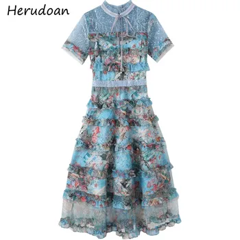 

Herndon Fashion Runway Summer Dress Women Patchwork Mesh Short sleeve Sequin Bow Ruffles Print Ladies Midi Dress Vestoidoa