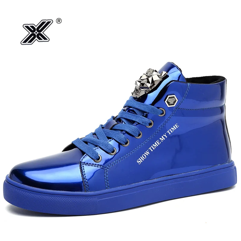 X Brand Fashion Autumn Mens Sneakers Big Size Shiny Metal Men Casual Shoes Glitter Red Blue High top 2020 |