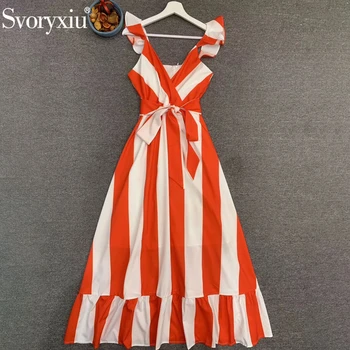 

Svoryxiu Runway Designer Female Summer V Neck Striped Print Spaghetti Strap Dress Women Bow Sashes Ruffle Hem Boho Long Dresses