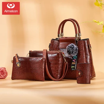 

New Women 4PC Handbag Wallet Shoulder Bag Fashion Crocodile Pattern High Quality Leather 4pc Casual Wild Shoulder Messenger Bag