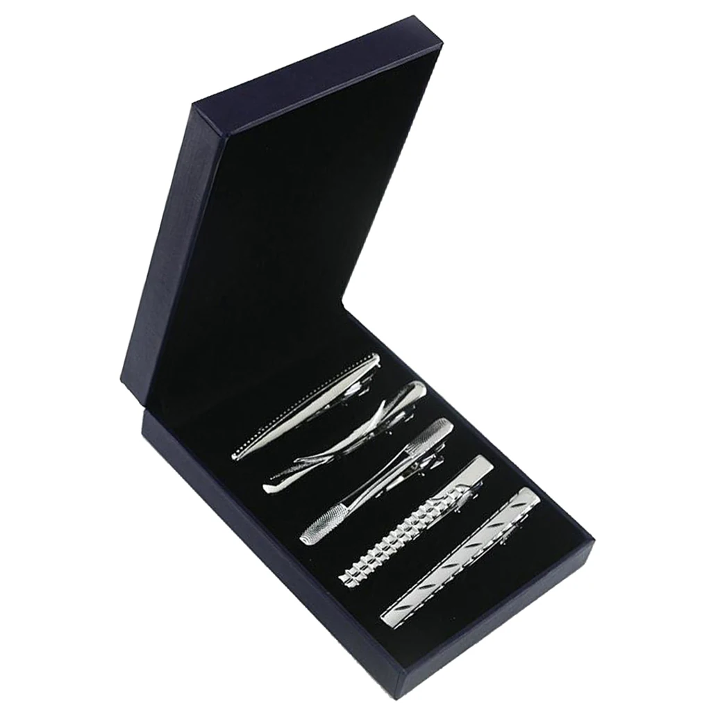 5 Pieces Gentlemen Metal Tie Clip Bar Necktie Pin Clasp Wedding Jewelry Gift Box