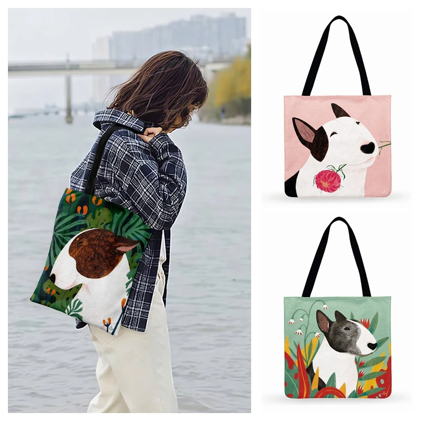 Ladies Shoulder Bag Pet Dog Art Print Tote Bag For Women Casual Tote Bags Bull Terrier Painting Shopping Bag Outdoor Beach Bags