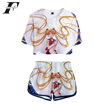 

Sailor Moon Print Midriff-baring T-shirt+Sport Shorts Women Summer Fashion Casual Harajuku Soft Two Pieces Sets Hot Sale