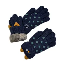 Высококачественные детские зимние теплые мягкие вязаные перчатки с пальцами для девочек, модные перчатки с рисунком кота для детей, От 4 до 7 лет