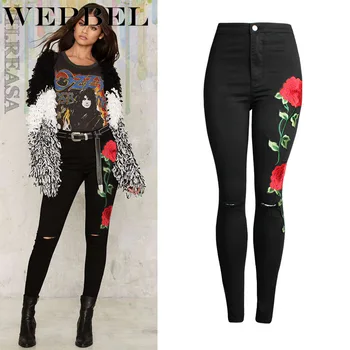 

WEPBEL Women Jeans High Waist Jeans Fashion Flower Embroidery Jeans Skinny Sexy Casual Jeans Femme Big Size Black