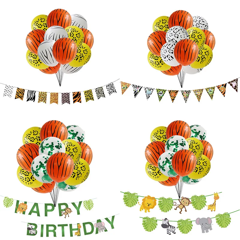 

15pcs/pack safari balloon and banner Jungle party decorations Kids birthday paties Latex ballons Paper flags Happy birth day
