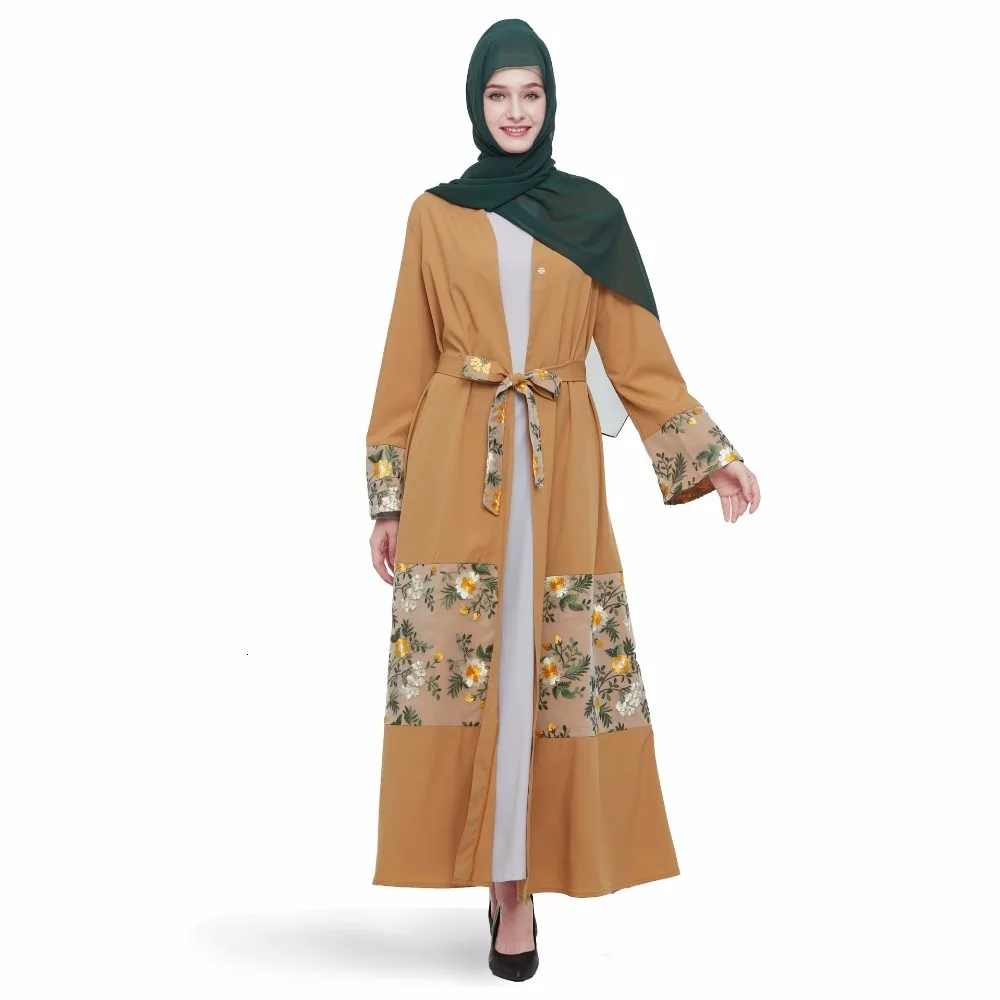 Elegant Muslim Embroidery Abaya Mesh Maxi Dress Cardigan Long Robes Kimono Jubah Ramadan Eid Arabic Dubai Caftan Islamic Prayer