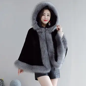 

2019 New winter Womens Capes and Coats Female Casual Loose Cape Bat Sleeve Fur Hooded Collar Capes Warm Cloak Coat r1698