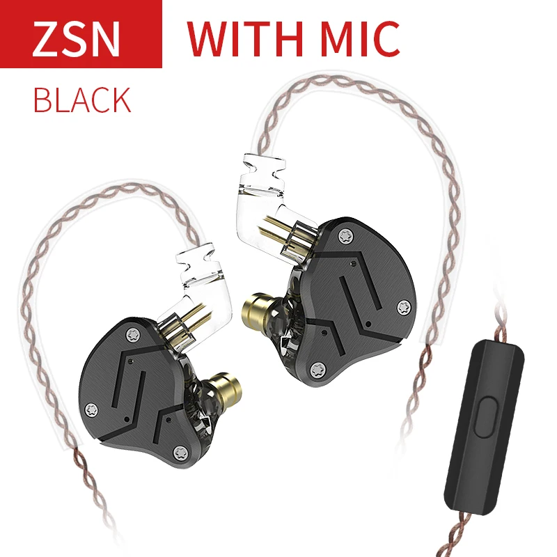 black with mic KZ ZSN 1BA+ 1DD гибридные Наушники Hi-Fi Monito спортивные наушники для бега DJ гарнитура вкладыши съемный Отсоединяемый 2Pin кабель - Цвет: black with mic