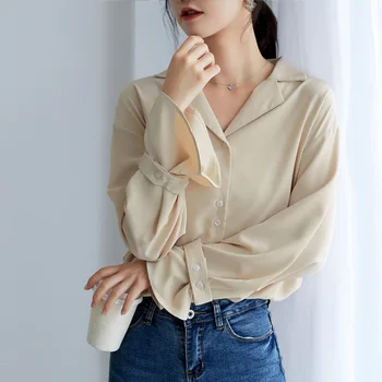 

Summer Women Shirts Long Sleeve Office Work Wear Women Tops White Khaki Casual Loose Blouses Female Chiffon Tops Clothing