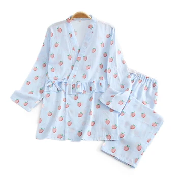 

New Summer Fresh Japanese 100% cotton kimono women pajamas sets simple Floral indoor sleepwear women bath robes women plus size