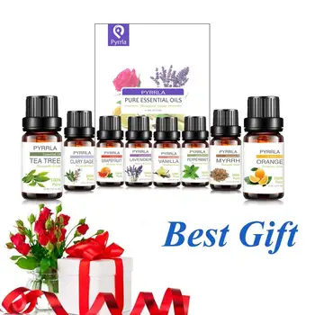 

Pyrrla 10ml 8pcs Gift Set Flower Fruit Essential Oils Tea Tree Lavender Peppermint Orange Vanilla Grapefruit Clary-Sage Myrrh