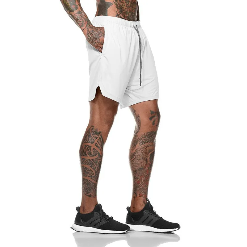 Мужские спортивные шорты с защищенным карманом для фитнеса 2 в 1 шорты быстросохнущие модные эластичные талии для активного отдыха M-3XL - Цвет: white