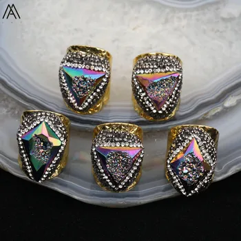 

5PCS Luxury Men Plated Rainbow Titanium Drusy Stone Gold Copper Rings,Beautiful Drusy Agates Paved Rhinestone Rings HS-23AMAI
