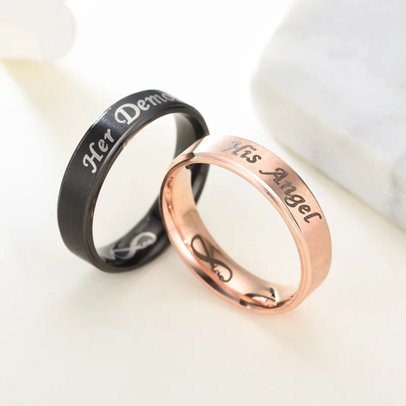 AsJerlya 6mm Couple Rings Her Demon His Angel Black Ring For Women Men Stainless Steel Eternal LOVE Jewelry Accessories 6