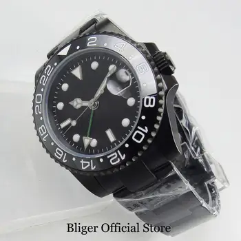

BLIGER Sterile Mechanical Black PVD Plated Men Wristwatch Sapphire Glass GMT Hand Deployment Clasp