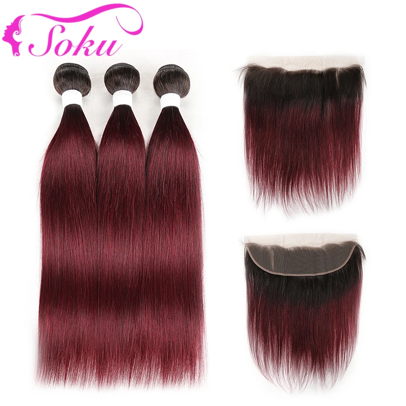 T1B/30 Ombre Brown Bundles With Frontal 13x4 SOKU Brazilian Straight 3 Bundles With Closure Non-Remy Human Hair Extension - Цвет: T1B-99J