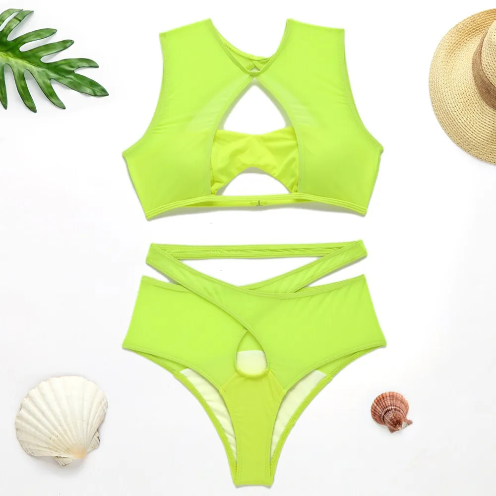 

2020 New Women Fluorescent Two Pieces Bathing Suit Sexy Bikini Set Swimsuit Push Up Padded Bikini Ladies Wire Free Beachwear
