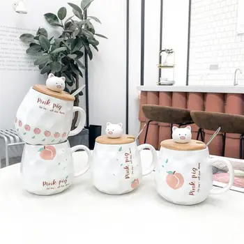 

400ml Cartoon Ceramics Pig Mug With Lid And Spoon Coffee Milk Tea Mugs Children Breakfast Wooden Cover Frosted Office Drinkware