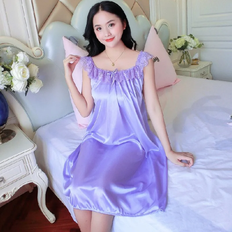4XL Spring Ice Silk Lace Nightgown Home Clothing Ladies Long Gowns Pink Sleep Dress Women Sleepwear Sleeveless Sexy Sleepwear