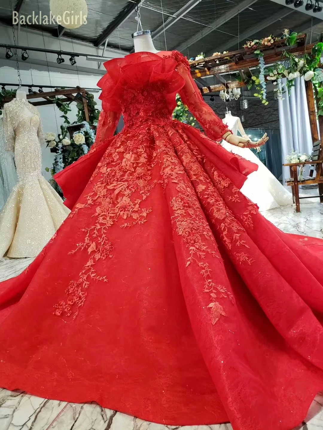 BacklakeGirls Vestido De Noiva красное иллюзионное платье с вышивкой сзади и длинными рукавами для невесты элегантное бальное платье Бальные платья