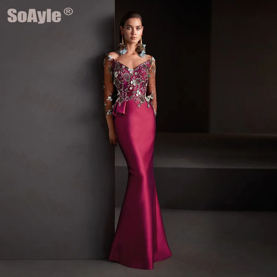 

SoAyle Wide V-Neckline Sexy Transparencies 3/4 Sleeves Evening Dress 2020 Embroidered Beading Crystal Mermaid Evening Dresses