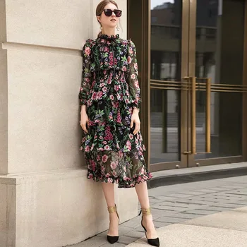 

Chiffon Floral Print Lace up Dress Boho Fairy Long Dresses Cascading Ruffle Bohemia Sweet Women Bow Holiday Beach Casual Summer