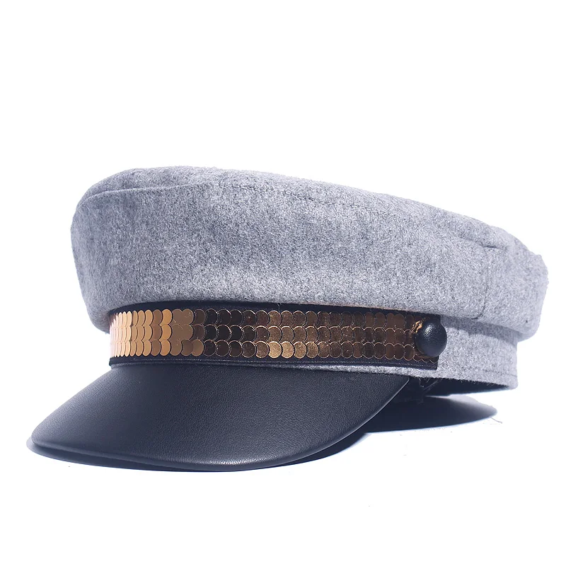 Женская шапка, кепка с золотыми пайетками, военная Кепка, весенне-Осенняя шерстяная восьмиугольная однотонная бейсболка на плоской подошве, военная шляпа, молодежная Студенческая шляпа - Цвет: A