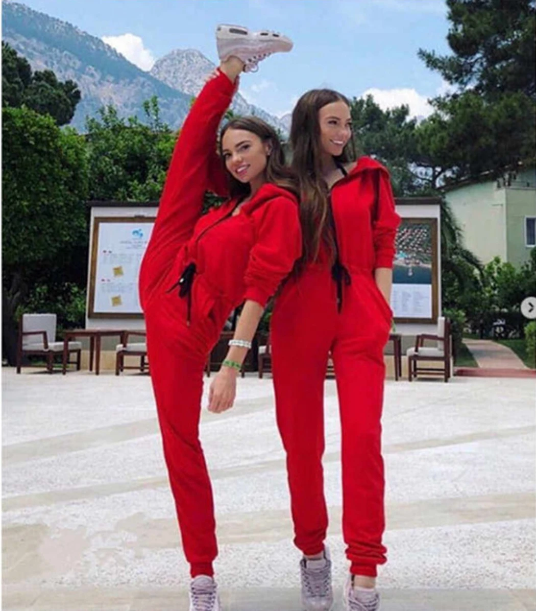 

Women Autumn Casual Solid Hooded Jumpsuit Drawstring Workout Long Playsuit Tracksuit Casual Ladies Streetwear Zip-Up Jumpsuits
