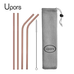 Premium Reusable Stainless Steel Drinking Straw Set with Cleaning Brush & Pouch (Rose gold with bag)