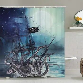 

Octopus Shower Curtain Ocean Kraken Attack Nautical Pirate Ship Shower Curtain with 12 Hooks, Octopus Tentacles Sailboat Wave