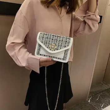 

Fashion Woolen Plaid Bag Flap Metal Buckle Women Leather Shoulder Crossbody Ladies Small Square Splicing Messenger Bags