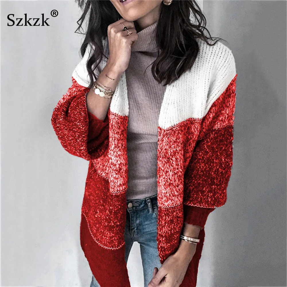 

Szkzk Color Block Stripe Cardigan Female Coat Sexy Knit Sweater 2020 Fall Winter Patchwork Long Sleeve Women Knitwear Sweaters