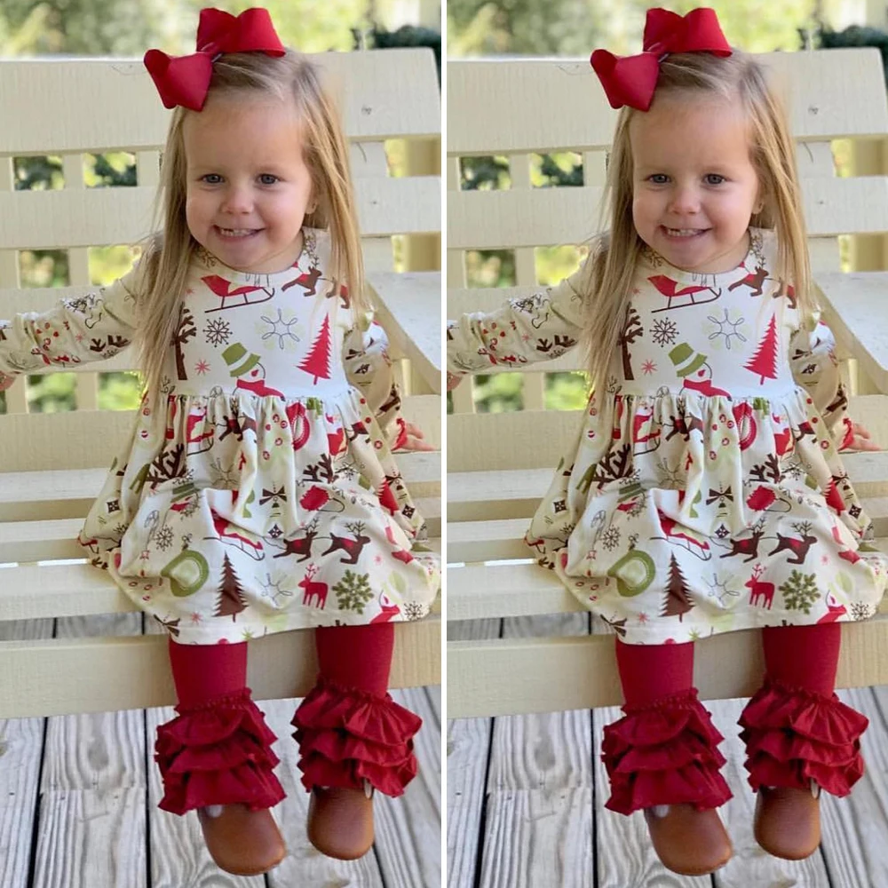 Emmaaby/Рождественские наряды для маленьких девочек от 1 до 5 лет Детские топы с оборками, платье и длинные штаны Рождественская одежда