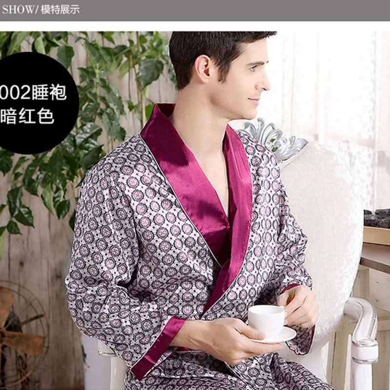Mens Robe Long Sleeves Bathrobe Sleepwear Silk Kimono Print Pajamas V-neck Bathrobe Night Dressing Gown Hombre Ropa