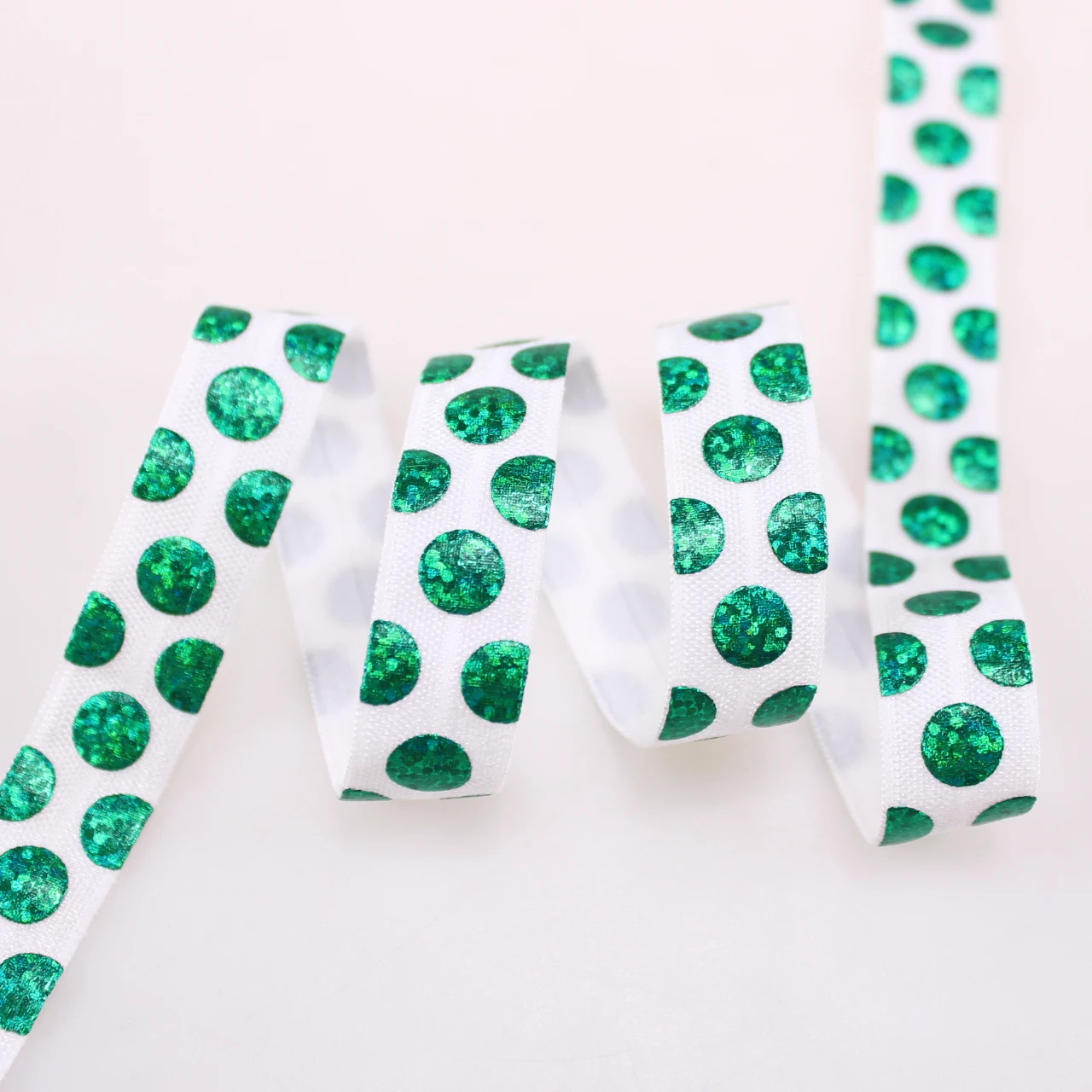 

5/8" Laser Green Hologram Foil Polka Dots Printed FOE Fold Over Elastic Ribbon 50Yards
