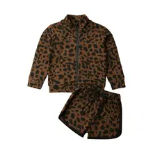 Новая леопардовая Одежда для маленьких девочек; детские топы с длинными рукавами+ короткие штаны