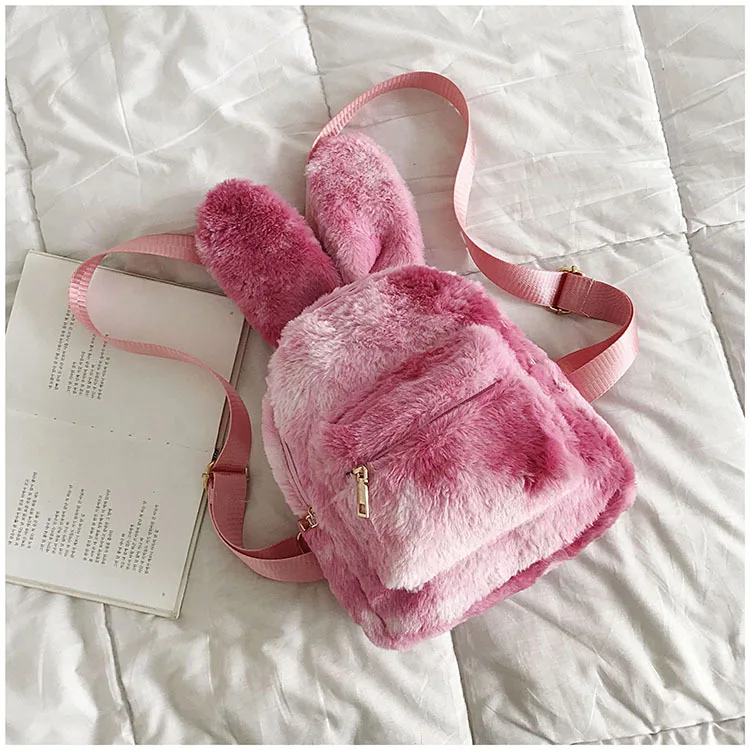 Autumn Bunny Plush Backpack Cute Pink Warm Rabbit Long Ears Shoulder Tiny Backpack with Zipper for Girls School Celebration