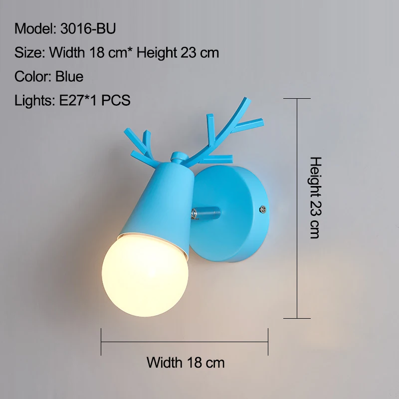 Регулируемый светодиодный настенный светильник в скандинавском стиле с цветными рогами оленя из мультфильма, бра для чтения в спальню, настенное освещение для детской комнаты E27 - Цвет абажура: 3016 blue