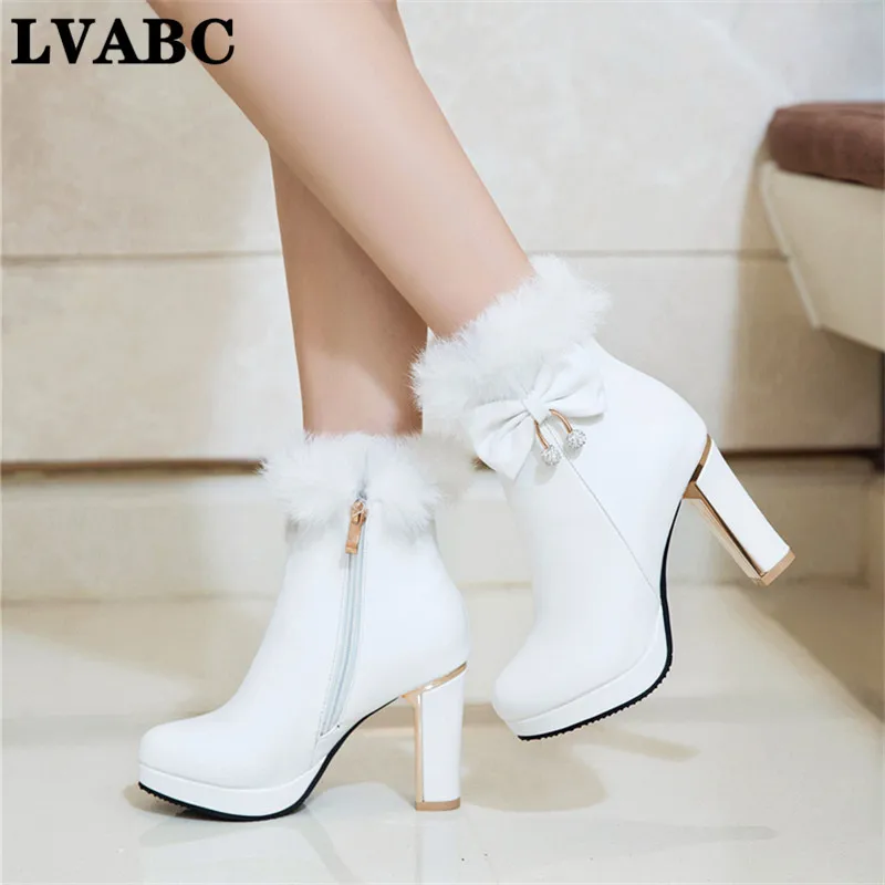 White Yellow Fashion Ladies Lolita High Heel Party Wedding Shoes Fur Rhinestone Butterfly-knot Womens Ankle Boots Winter | Обувь